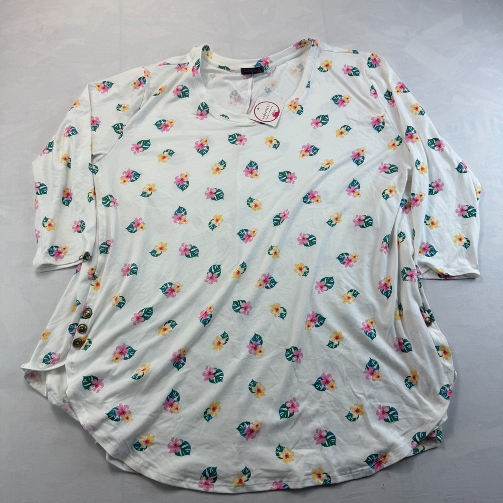 NWT Nadine West Sheila Rose Blouse Top Womens 3X White Floral 3/4 Sleeve